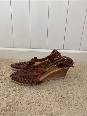 Woven Leather Slingback Wedges in Brown
